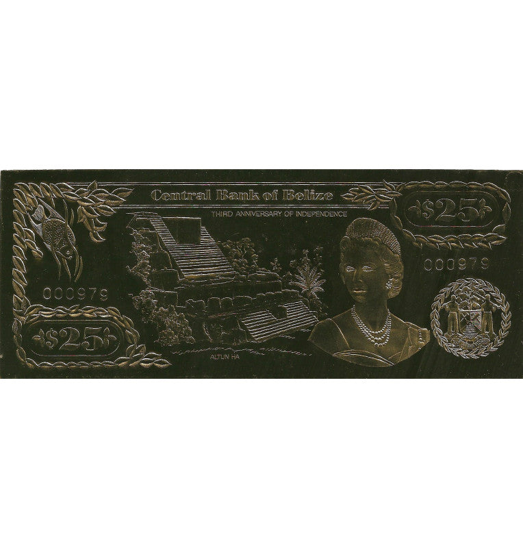 Belice 25 Dólares 1984 (Laminados en Oro) Serial 3 dígitos